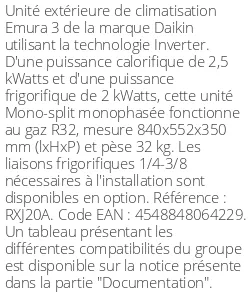 Unité extérieure Emura 3 - 2.5 kWatts - R32 - Daikin - Réf : RXJ20A