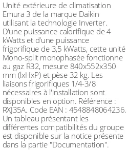 Unité extérieure Emura 3 - 4 kWatts - R32 - Daikin - Réf : RXJ35A