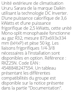 Unité extérieure Ururu Sarara 3.6 kWatts - R32 - Daikin - Réf : RXZ25N