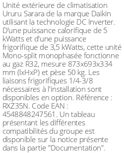 Unité extérieure Ururu Sarara 5 kWatts - R32 - Daikin - Réf : RXZ35N