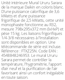 Split mural Ururu Sarara - 3.6 kWatts - R32 - Daikin - Réf : FTXZ25N