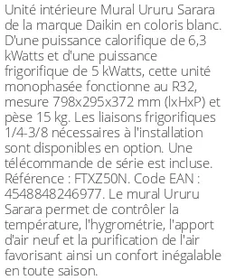 Split mural Ururu Sarara - 6.3 kWatts - R32 - Daikin - Réf : FTXZ50N