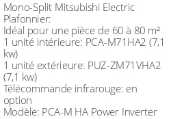 Climatiseur Plafonnier PCA-M HA Power Inverter 7,1 kWatts