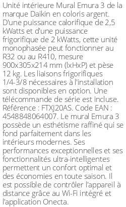 Split mural Emura 3 - 2.5 kWatts Argent - R32/R410 - Daikin - Réf : FTXJ20AS