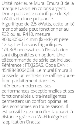 Split mural Emura 3 - 3.4 kWatts Argent - R32/R410 - Daikin - Réf : FTXJ25AS