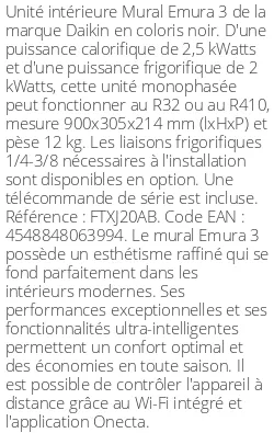 Split mural Emura 3 - 2.5 kWatts Noir - R32/R410 - Daikin - Réf : FTXJ20AB