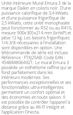 Split mural Emura 3 - 3.4 kWatts Noir - R32/R410 - Daikin - Réf : FTXJ25AB