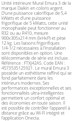 Split mural Emura 3 - 5.4 kWatts Argent - R32/R410 - Daikin - Réf : FTXJ42AS