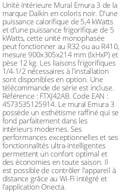 Split mural Emura 3 - 5.4 kWatts Noir - R32/R410 - Daikin - Réf : FTXJ42AB
