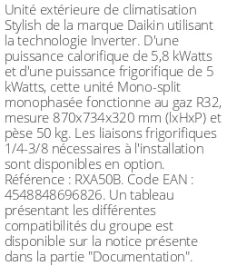 Unité extérieure Stylish RXA-B 5.8 kWatts - R32 - Daikin - Réf : RXA50B
