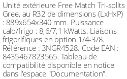 Unité extérieure Multi-split Free Match 8.6 kWatts 3 sorties - R32 - Gree - Réf : 3NGR4528