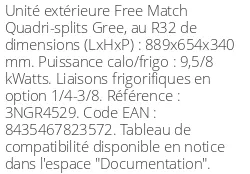 Unité extérieure Multi-split Free Match 9.5 kWatts 4 sorties - R32 - Gree - Réf : 3NGR4529