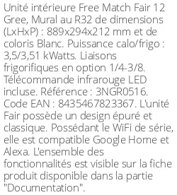 Split mural Fair 12 - 3.5 kWatts Blanc - R32 - Gree - Réf : 3NGR0516