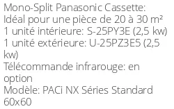 Climatiseur Cassette PACi NX Séries Standard 60x60, 2,5 kWatts