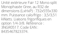 Unité extérieure Fair 12 3.5 kWatts - R32 - Gree - Réf : 3NGR0517