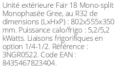 Unité extérieure Fair 18 5.2 kWatts - R32 - Gree - Réf : 3NGR0522