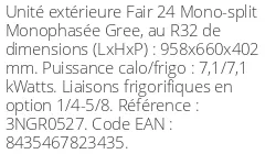 Unité extérieure Fair 24 7.1 kWatts - R32 - Gree - Réf : 3NGR0527