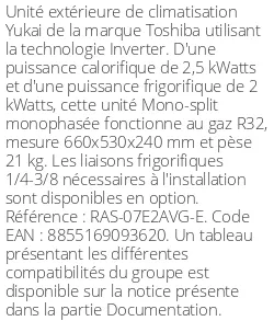 Unité extérieure Yukai 2.5 kWatts - R32 - Toshiba - Réf : RAS-07E2AVG-E