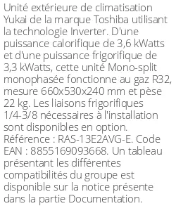 Unité extérieure Yukai 3.6 kWatts - R32 - Toshiba - Réf : RAS-13E2AVG-E