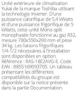 Unité extérieure Yukai 5.4 kWatts - R32 - Toshiba - Réf : RAS-18E2AVG-E