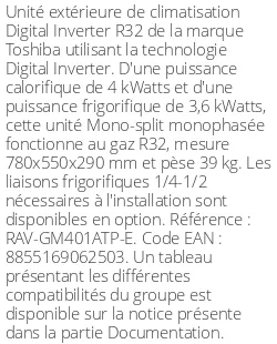 Unité extérieure Digital Inverter Série 1 - 4 kWatt Monophasés - R32 - Toshiba - Réf : RAV-GM401ATP-E