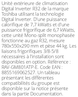 Unité extérieure Digital Inverter Série 1 - 7.7 kWatts Monophasé - R32 - Toshiba - Réf : RAV-GM801ATP-E
