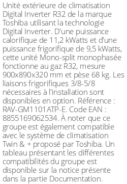 Unité extérieure Digital Inverter Série 1 - 11.2 kWatts Monophasé - R32 - Toshiba - Réf : RAV-GM1101ATP-E