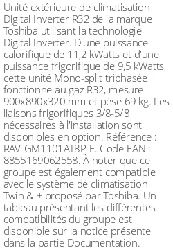 Unité extérieure Digital Inverter Série 1 - 11.2 kWatts Triphasé - R32 - Toshiba - Réf : RAV-GM1101AT8P-E