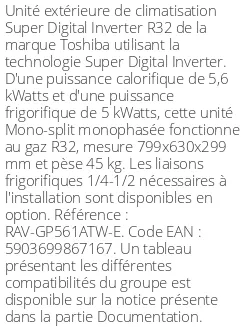Unité extérieure Super Digital Inverter 5.6 kWatts - R32 - Toshiba - Réf : RAV-GP561ATW-E