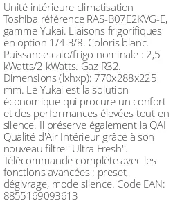 Split mural Yukai - 2.5 kWatts - R32 - Toshiba - Réf : RAS-B07E2KVG-E