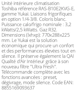 Split mural Yukai - 3.2 kWatts - R32 - Toshiba - Réf : RAS-B10E2KVG-E