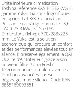 Split mural Yukai - 3.6 kWatts - R32 - Toshiba - Réf : RAS-B13E2KVG-E