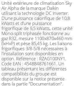 Unité extérieure Sky Air Alpha 10.8 kWatts Triphasé - R32 - Daikin - Réf : RZAG100NY1