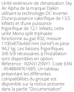 Unité extérieure Sky Air Alpha 13.5 kWatts Triphasé - R32 - Daikin - Réf : RZAG125NY1