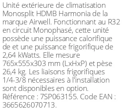 Unité extérieure HDMB Harmonia 2,92 kWatts - R32 - Airwell - Réf : 7SP063155