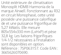Unité extérieure HDMB Harmonia 5,57 kWatts - R32 - Airwell - Réf : 7SP063157