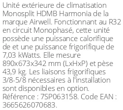Unité extérieure HDMB Harmonia 7,33 kWatts - R32 - Airwell - Réf : 7SP063158