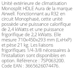 Unité extérieure HDLE Aura 2,4 kWatts - R32 - Airwell - Réf : 7SP063200