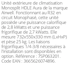 Unité extérieure HDLE Aura 2,8 kWatts - R32 - Airwell - Réf : 7SP063201