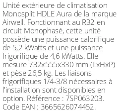 Unité extérieure HDLE Aura 5,2 kWatts - R32 - Airwell - Réf : 7SP063203