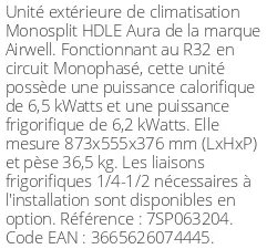 Unité extérieure HDLE Aura 6,5 kWatts - R32 - Airwell - Réf : 7SP063204