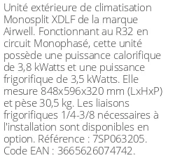 Unité extérieure XDLF 3,8 kWatts - R32 - Airwell - Réf : 7SP063205
