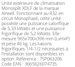 Unité extérieure XDLF 5,33 kWatts - R32 - Airwell - Réf : 7SP063206