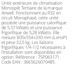 Unité extérieure Tertiaire 5,57 kWatts Monophasé - R32 - Airwell - Réf : 7SP063171