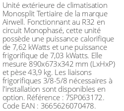 Unité extérieure Tertiaire 7,62 kWatts Monophasé - R32 - Airwell - Réf : 7SP063172