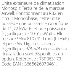 Unité extérieure Tertiaire 11,72 kWatts Monophasé - R32 - Airwell - Réf : 7SP063173