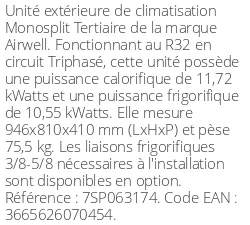 Unité extérieure Tertiaire 11,72 kWatts Triphasé - R32 - Airwell - Réf : 7SP063174