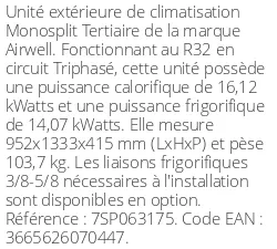 Unité extérieure Tertiaire 16,12 kWatts Triphasé - R32 - Airwell - Réf : 7SP063175
