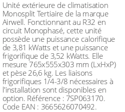 Unité extérieure Tertiaire 3,81 kWatts Monophasé - R32 - Airwell - Réf : 7SP063170