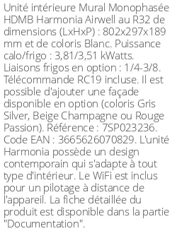 Split mural HDMB Harmonia - 3,81 kWatts Blanc - Airwell - Réf : 7SP023236